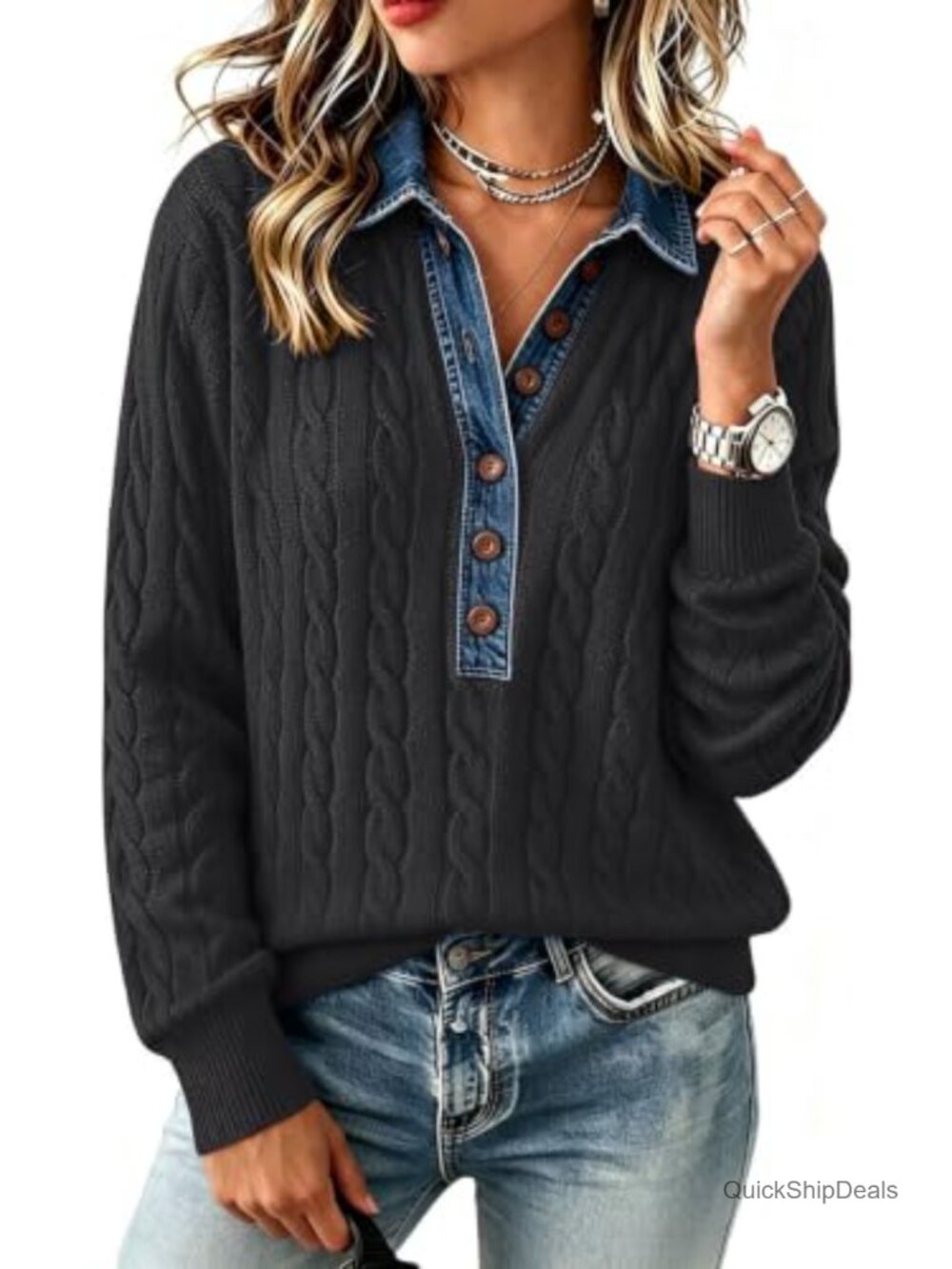 Cable Knit Sweater with Denim Collar Patchwork Polo Style Pullover